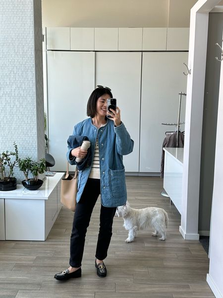 Jacket: Sezane. Runs large. I’m in size 2 and it’s got plenty of room to layer. Also linked a similar one at a lower price point 
Sweater: Sezane. Tts
Jeans: Everlane. Highly recommend these! So flattering and goes with everything. Tts 
Loafer: old 