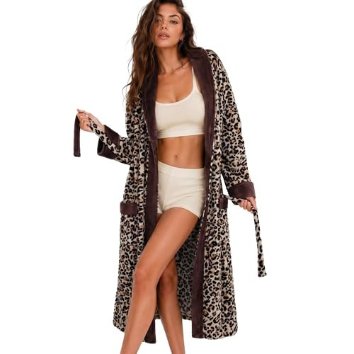 U2SKIIN Womens Leopard Print Fleece Robe, Long Plush Flannel Bathrobe with Pockets, Cozy Shawl Collar Housecoat, Warm Loungewear for Winter Sleepwear (Black Leopard-Yellow, 2XL/3XL) | Amazon (US)