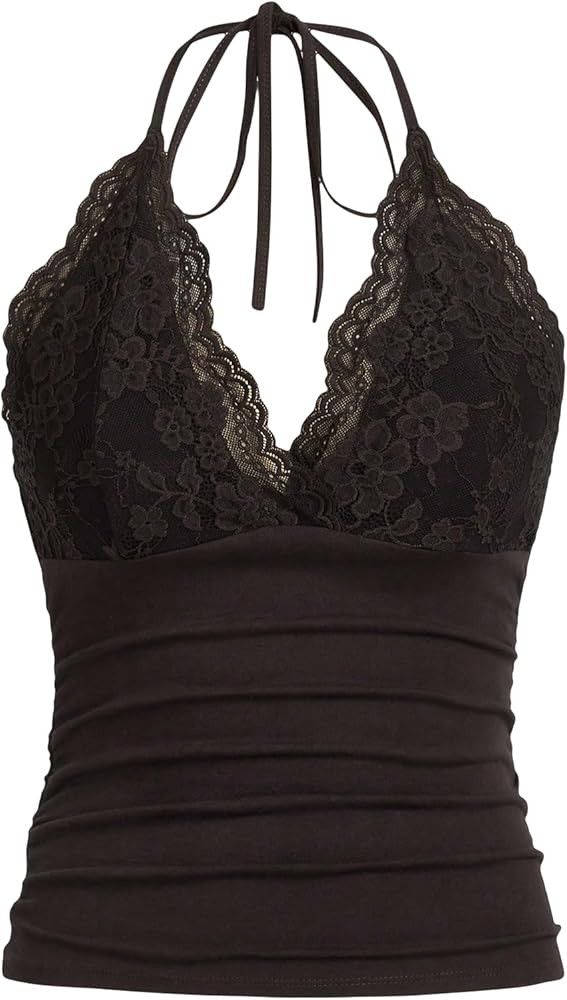 MakeMeChic Women's Halter Top Y2K Lace V Neck Ruched Low Cut Halter Tank Tops Camisole Tops | Amazon (US)