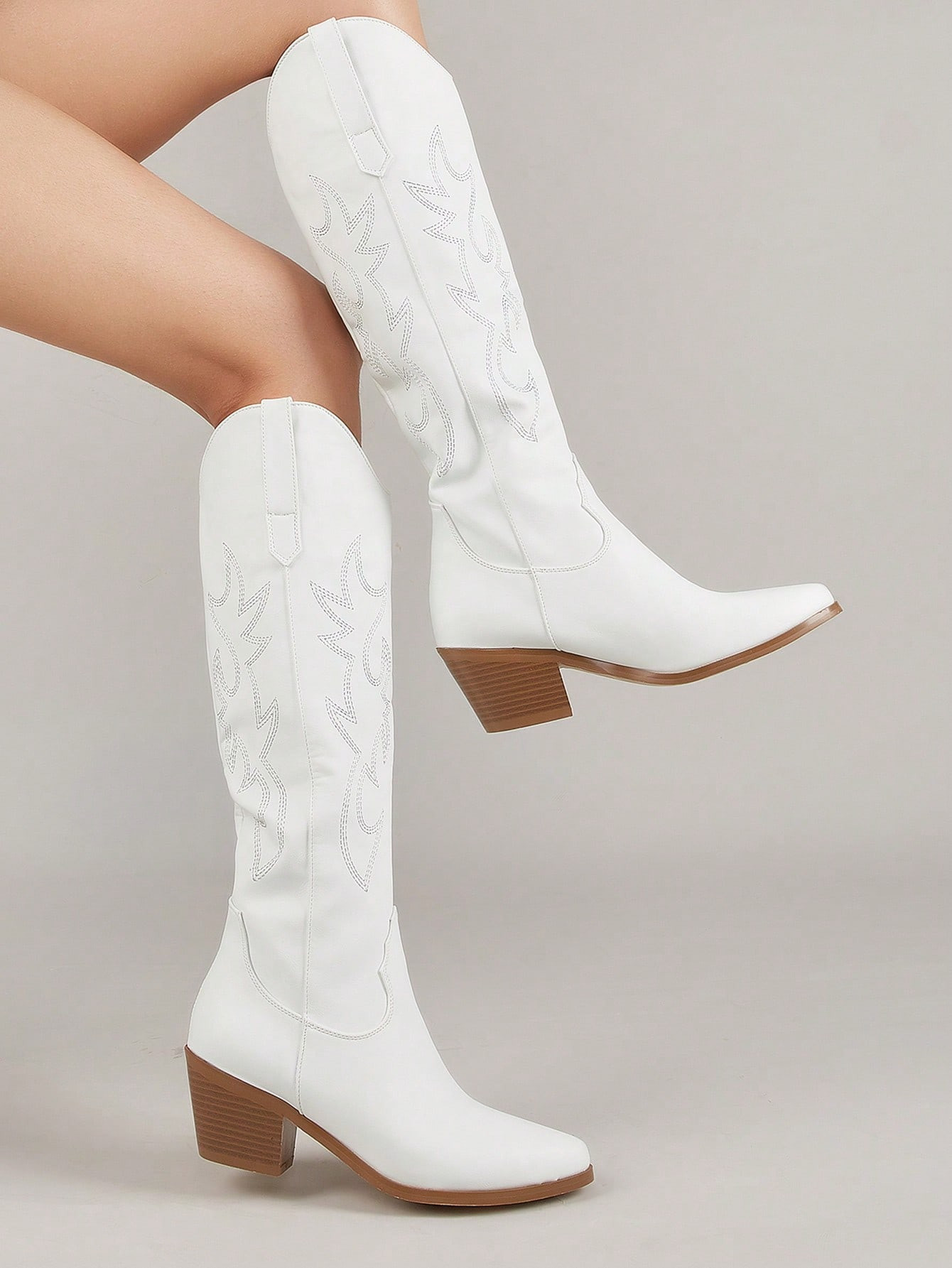 Women Embroidered Chunky Heeled Western Boots, Elegant Outdoor White Fashion Boots | SHEIN