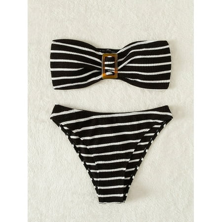 2022 Summer Beach Casual Black and White Women s Striped Textured Bandeau Bikini Swimsuit L2201305D  | Walmart (US)