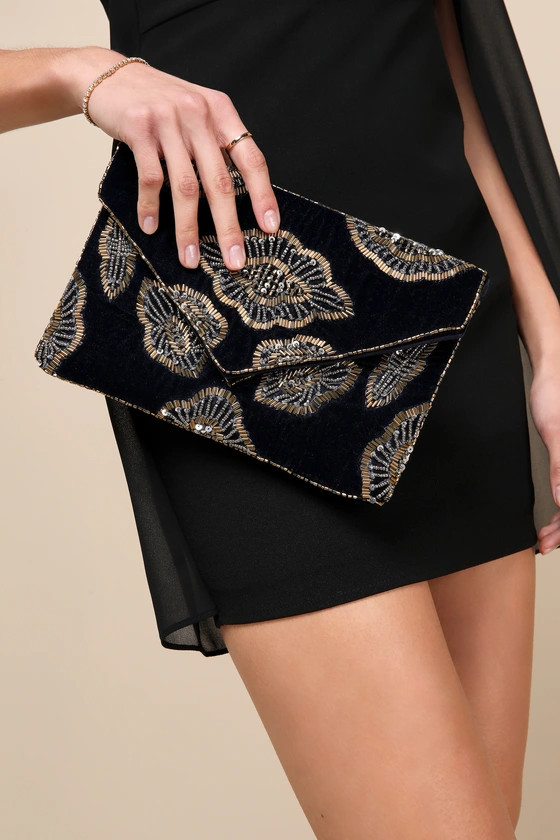 Impressive Radiance Navy Blue Velvet Beaded Sequin Clutch | Lulus