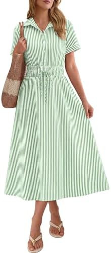 ANRABESS Womens Summer Midi Dress Short Sleeve Striped Plaid Button Collar Shirt Dresses 2026 Cas... | Amazon (US)