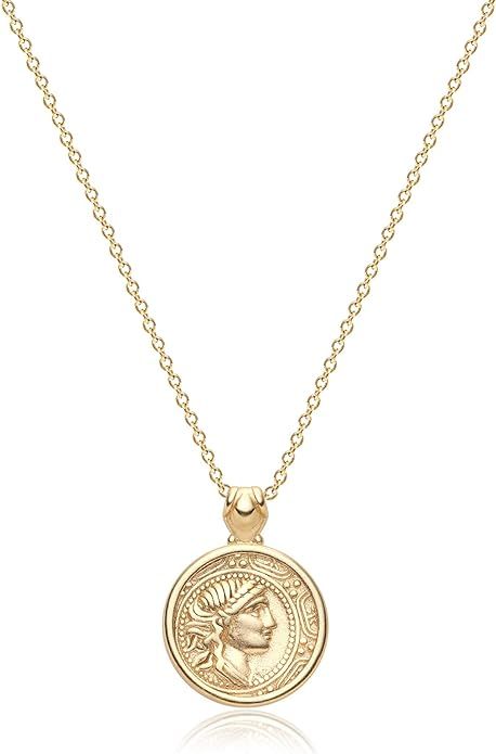 Valloey Rover Gold Coin Necklace for Women Carved Matte Pendant Necklace Empaistic Chain Necklace... | Amazon (US)