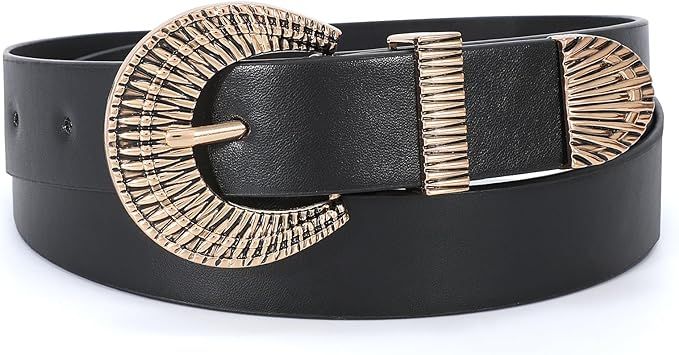 LEACOOLKEY Western Leather Belt for Women Vintage Design Buckle Waist Belt for Jeans Dress | Amazon (US)