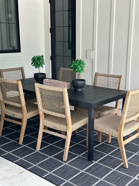 Sharing our new black metal outdoor table. I paired it with our chairs that we had from previous years, my favorite mainstays black Walmart rug from this summer summer, I also have this rug on our front porch and a smaller size. Add in my favorite black planters from Walmart and a couple topiaries! 

Matches perfect with our black and white pool decor! 

#LTKHome #LTKSaleAlert #LTKSeasonal
