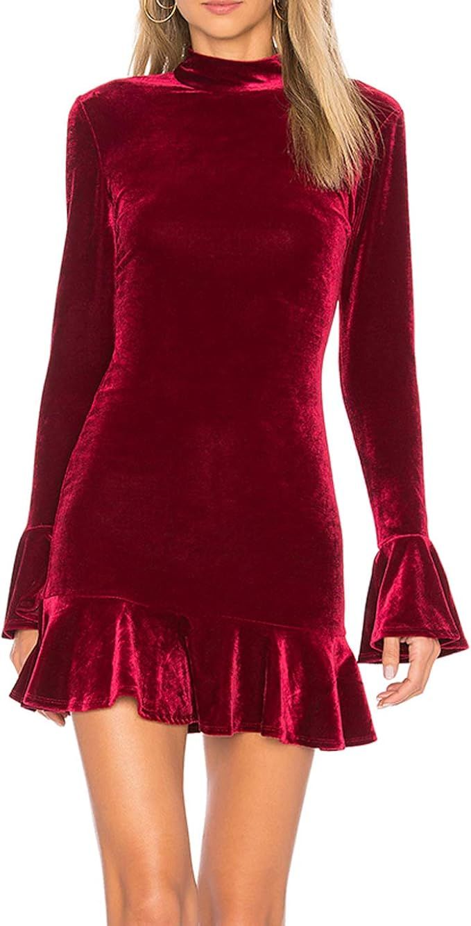 R.Vivimos Women's Winter Long Sleeve Velvet Ruffles Bodycon Mini Dress | Amazon (US)