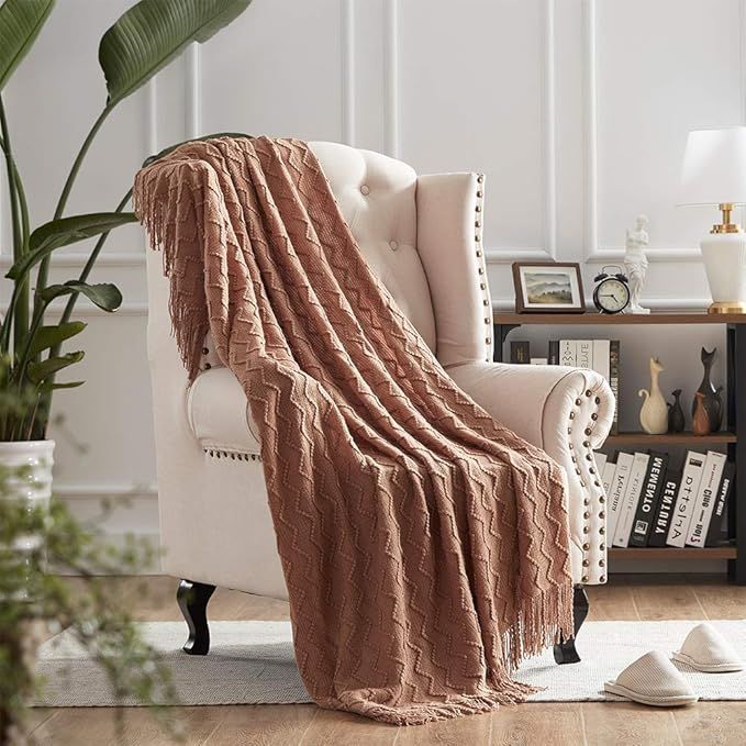 NexHome Throw Blanket for Bed Sofa Brown Decorative Knit Blanket with Tassel Fringe Soft Lightwei... | Amazon (US)