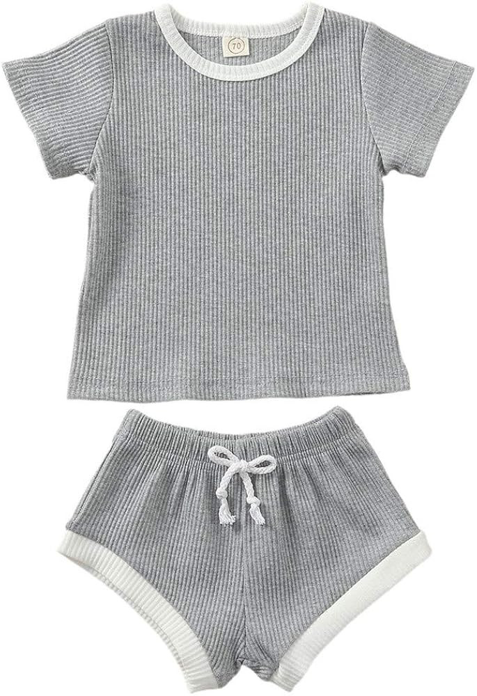 Newborn Infant Baby Girl Boy Clothes Short Sleeve Tops T-Shirt+Shorts Pants Solid Color Two Piece... | Amazon (US)
