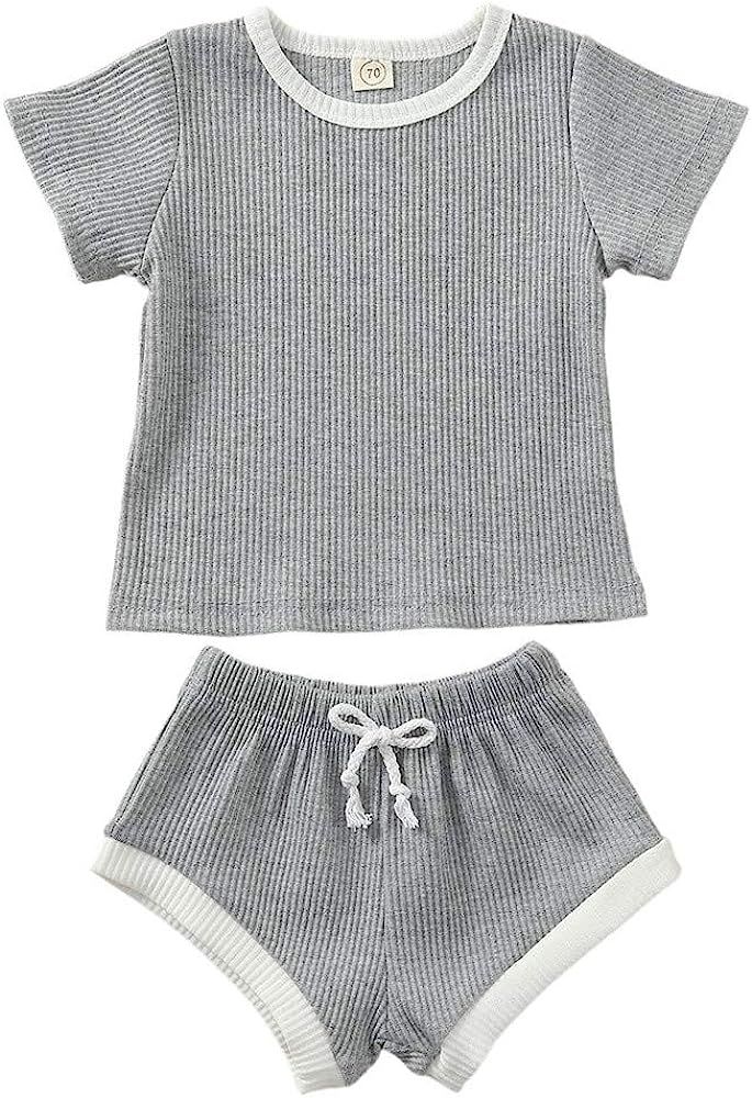 Newborn Infant Baby Girl Boy Clothes Short Sleeve Tops T-Shirt+Shorts Pants Solid Color Two Piece... | Amazon (US)