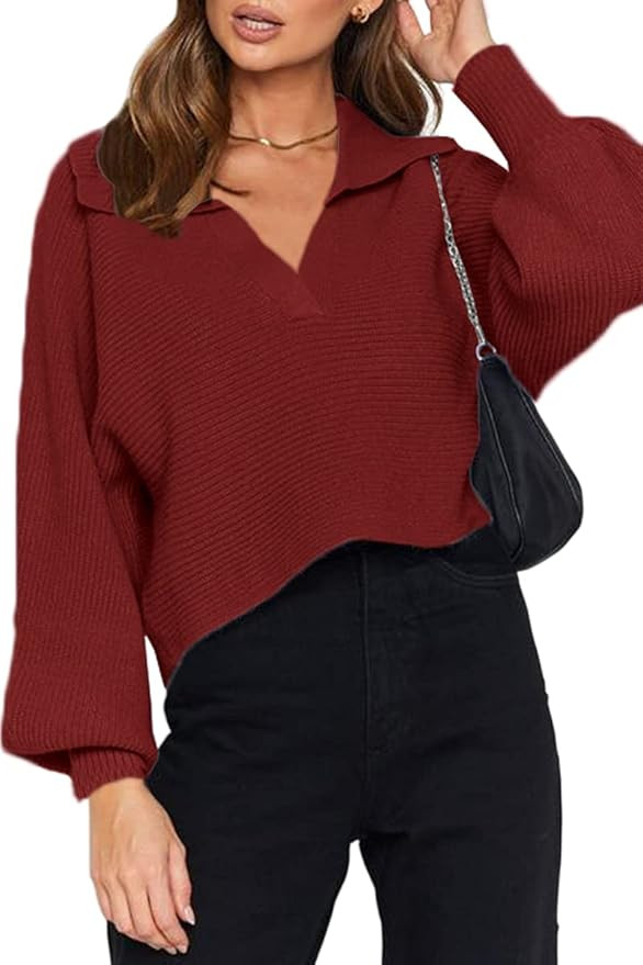CHYRII Women Overized Puff Long Sleeve V Neck Knitted Polo Pullover Sweater Jumper Tops | Amazon (US)