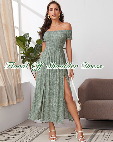 Floerns Women's Boho Floral Print Off Shoulder Split Long A Line Dress | Amazon (US)