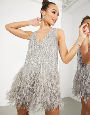 ASOS EDITION crystal and bead mini dress with feather hem in lilac | ASOS (Global)