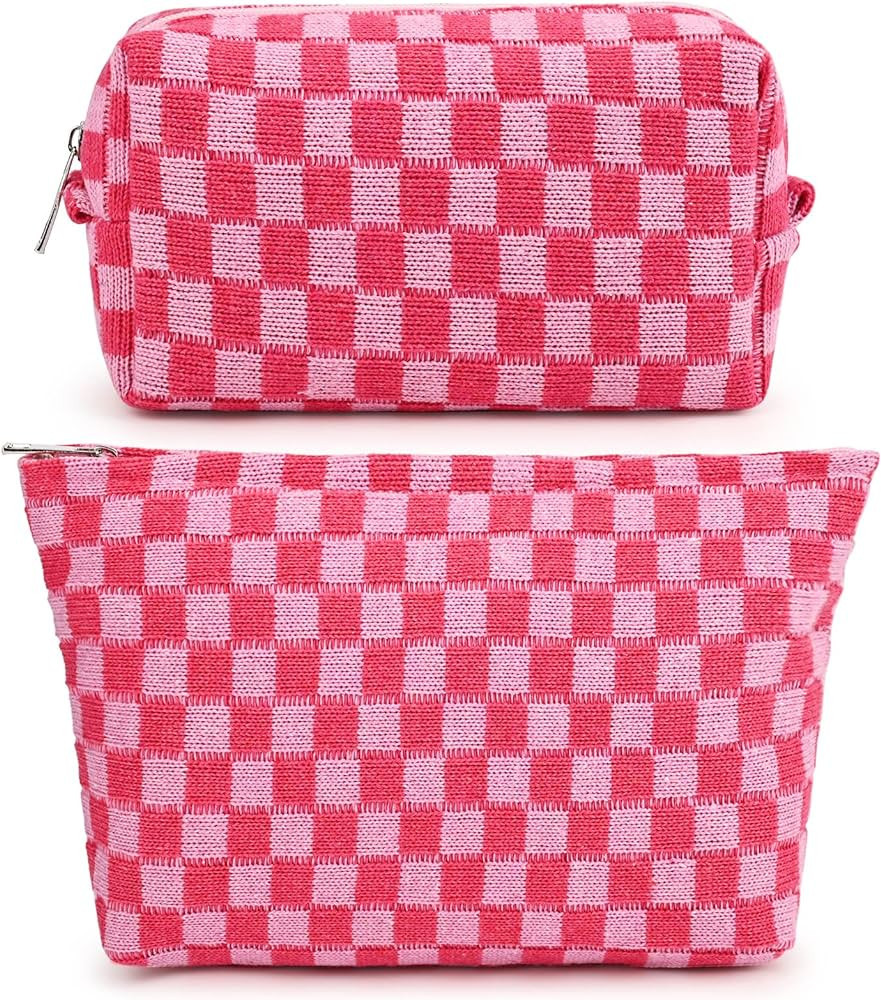 SOIDRAM 2 Pieces Makeup Bag Large Checkered Cosmetic Bag Pink Capacity Canvas Travel Toiletry Bag... | Amazon (US)
