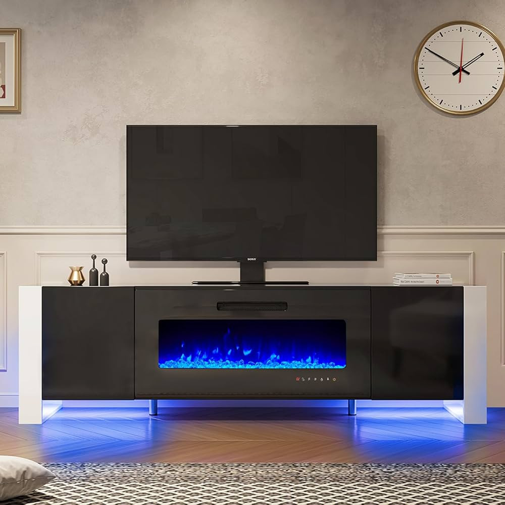 LUXOAK U-Shaped Legs 70" Fireplace TV Stand, Mirrored Finish Media Console with 36" Electric Fire... | Amazon (US)