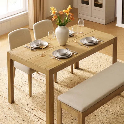 Logan Upholstered Beige Dining Chair Set Of 2 And Bench, Modern Farmhouse Solid Wood 4 Piece 59" Dining Table Set For Dining Room Kitchen | Wayfair North America