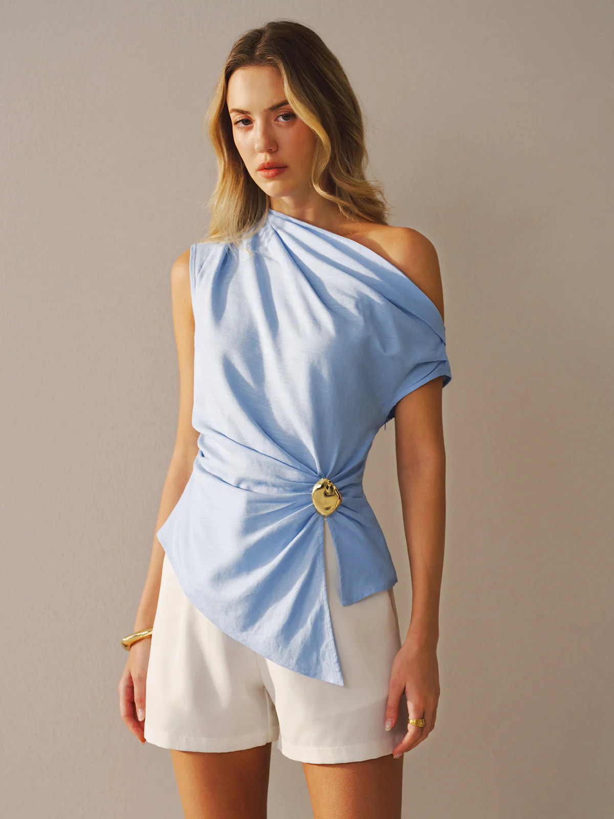 One-Shoulder Linen Blend Buckle Blouse | Commense