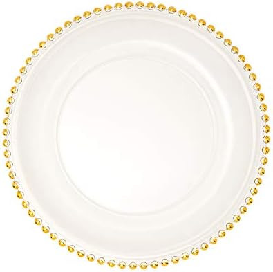 Simply Elegant 12.5 Inch Clear Glass Charger Plates (4-Set) Rimmed in Metallica Painted Beads (Gold) | Amazon (US)