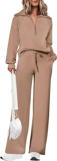 PRETTYGARDEN Women's 2 Piece Outfits Casual Lapel Half Zip Sweatshirts And Wide Leg Pants Tracksu... | Walmart (US)