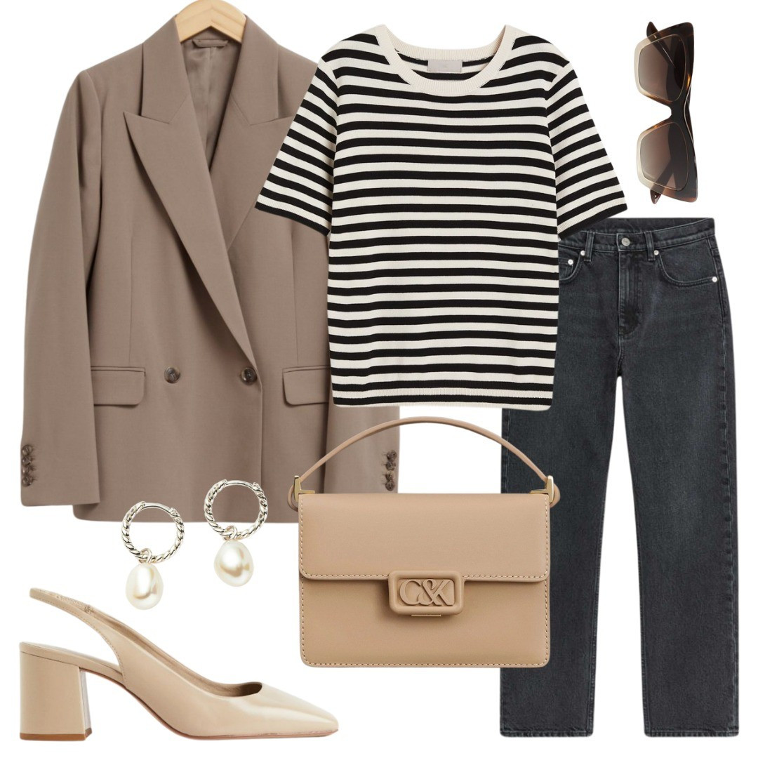 Striped t-shirt, stripes, blazer, beige, slingbacks, grey trousers, grey jeans, grey denim trousers 

#LTKfindsunder100 #LTKstyletip #LTKshoecrush