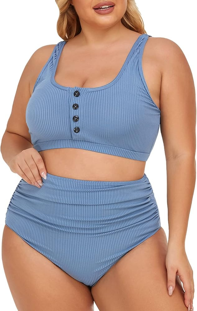 Summer Mae Plus Size Women Ribbed Bikini Set Two Piece High Waist Swimsuit Scoop Top Tummy Contro... | Amazon (US)