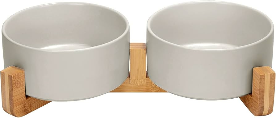 SPUNKYJUNKY Ceramic Dog and Cat Bowl with Wood Stand Non-Slip Matte Glaze Weighted Food Water Set... | Amazon (US)