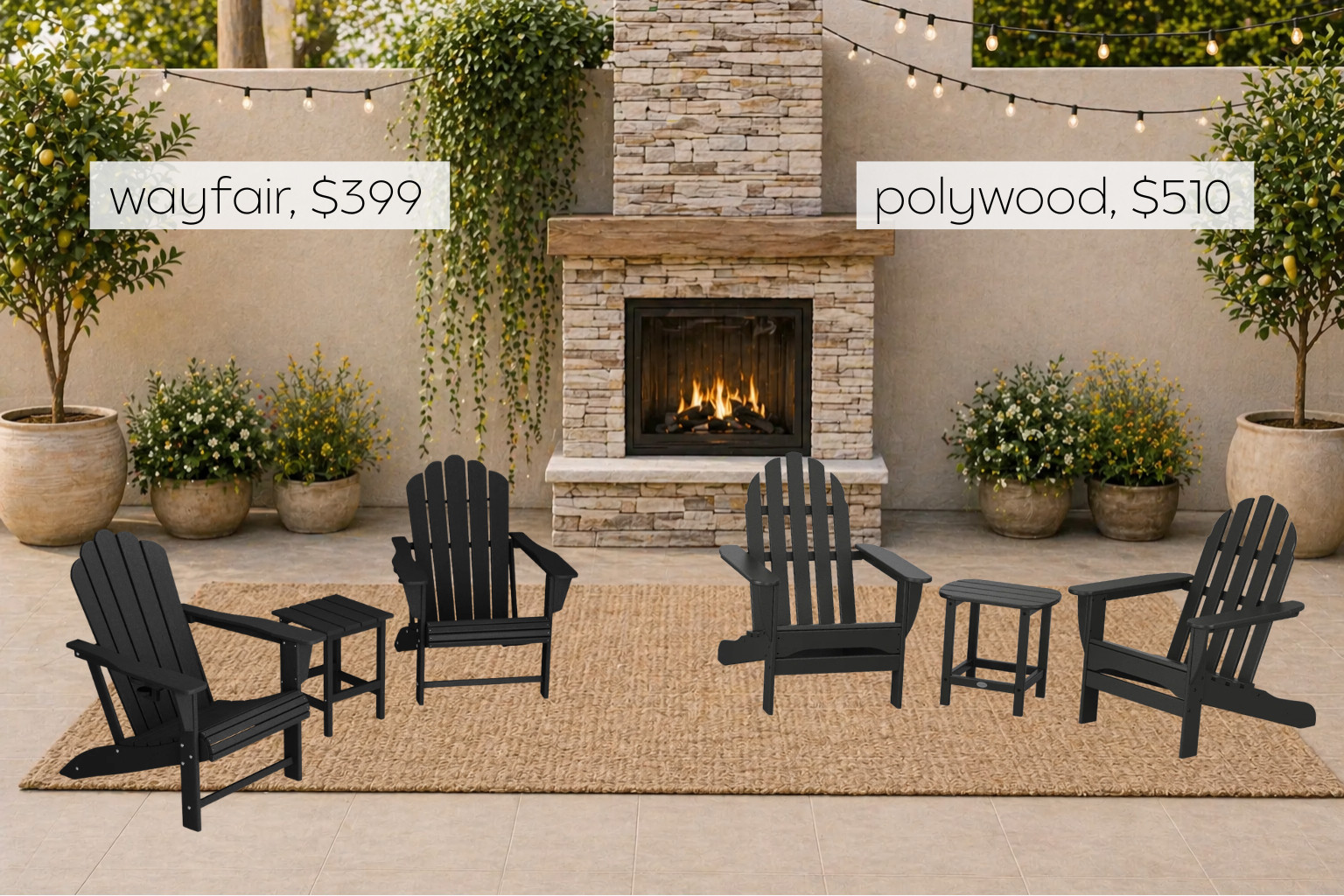 This side-by-side makes it so easy to see the difference—this Polywood Classic Adirondack 3-Piece Set dupe is just $399 compared to the $510 original, and the look is nearly identical. You still get the same classic Adirondack silhouette, durable all-weather poly material, and that timeless black patio setup with two chairs and a matching side table. Once it’s styled like this, it gives the same high-end outdoor feel without the higher price tag, which is exactly what I look for when updating our patio. Such a good option if you want something that looks elevated but is still practical and long-lasting. Linked both here. 

 #LTKSeasonal #LTKHome #LTKSaleAlert