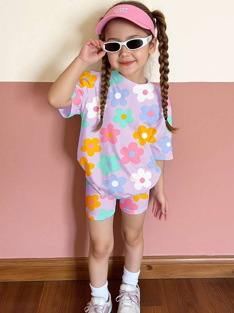 SHEIN Happikins 2pcs Young Girl Casual Floral Print T-Shirt And Shorts Set For Summer | SHEIN