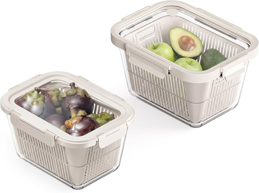 GENICOOK 2 Pack Large Glass Produce Containers for Fridge with Colanders | Amazon (US)