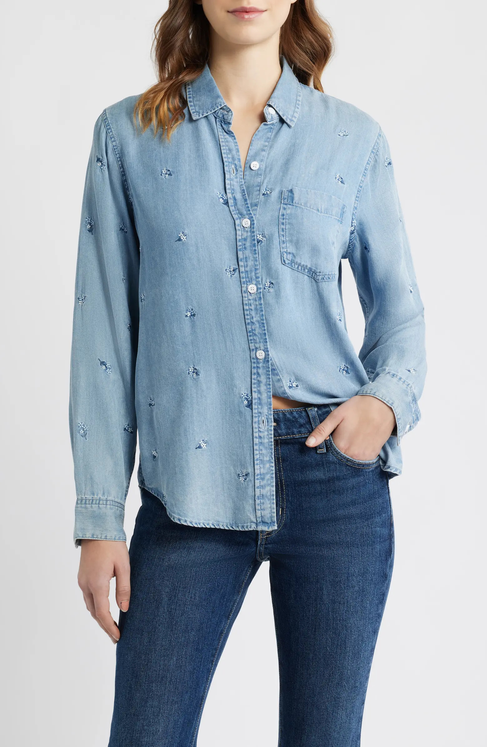 Ingrid Floral Embroidered Chambray Button-Up Shirt | Nordstrom