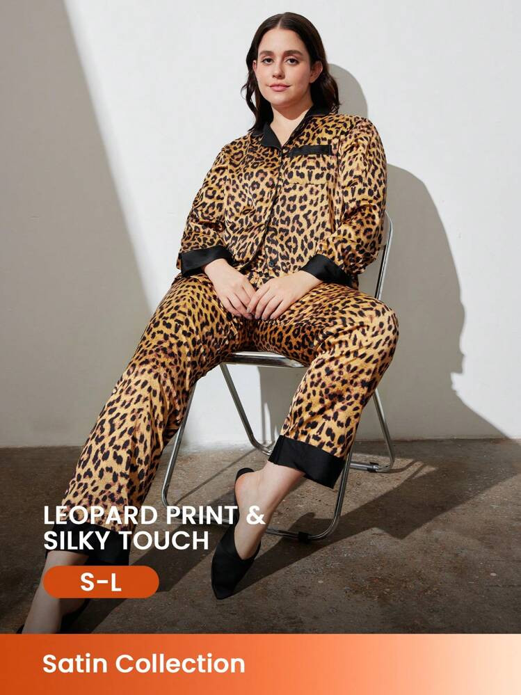 LUVLETTE Sexy Leopard Print Satin Long Women Christmas Pajama Set Lounge Sets | SHEIN