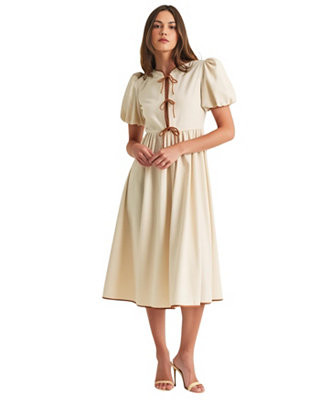 Women's Puff Sleeve Contrast Tie Midi Dress | Macy's