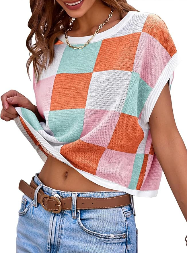 Arssm Cap Sleeve Sweater Vest Women Color Block Knit Crop Tops Crew Neck Loose Fit Casual Summer ... | Amazon (CA)