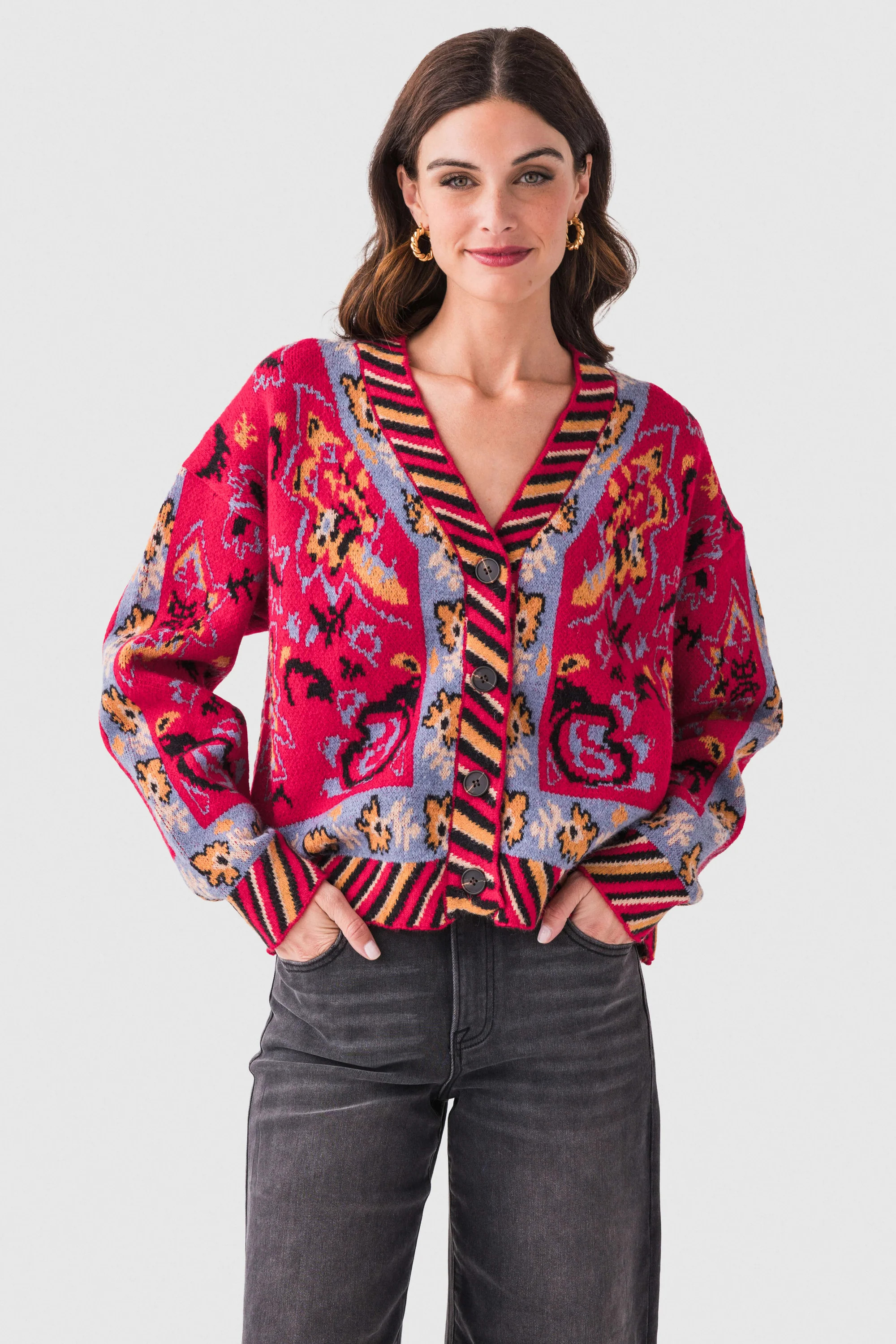 &Merci Printed Contrast Trim Cardigan | Social Threads
