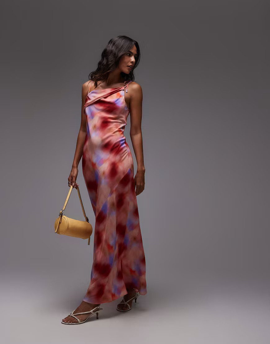 Topshop off shoulder midi dress in abstract pink print | Topshop