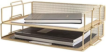 Blu Monaco Gold Desk Organizer Stackable Paper Tray Set of 2 - Metal Wire Two Tier Tray - Stackable  | Amazon (US)