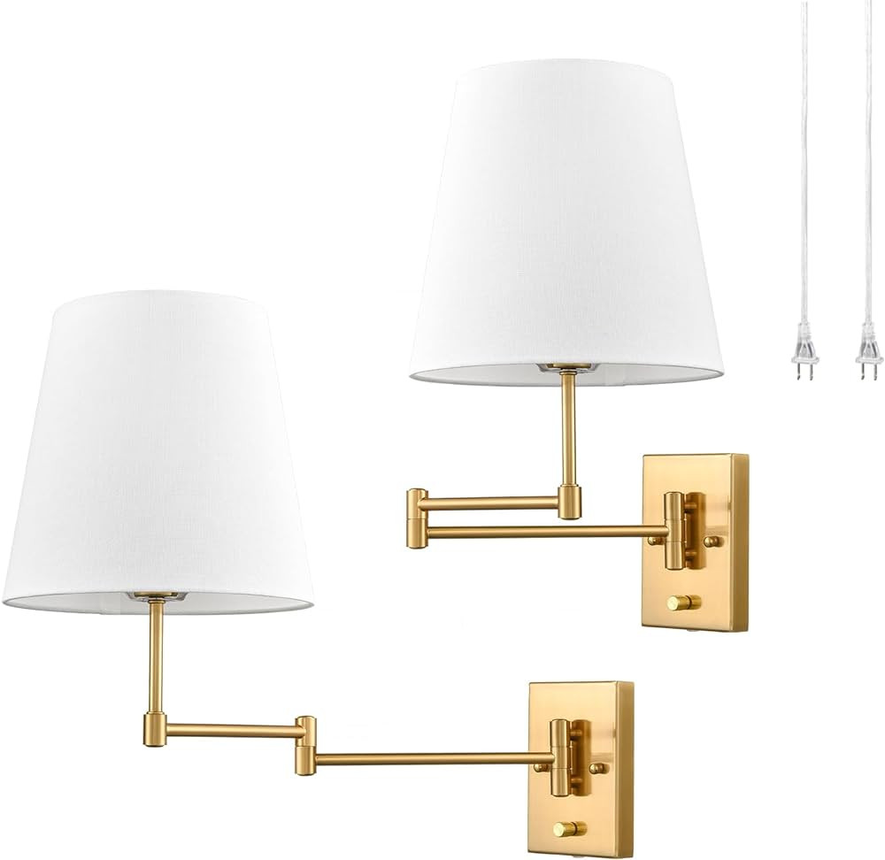 HYDELITE Gold Swing Arm Wall Lamp Brass Wall Sconces with Linen Shade | Plug-in or Hardwired Wall... | Amazon (US)