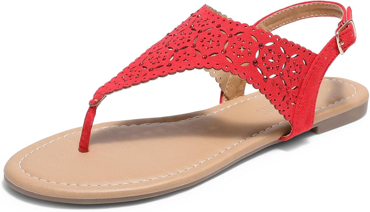 DREAM PAIRS Women's Rhinestone Casual Wear Cute Gladiator Flat Sandals Beach Dressy T-Strap Thong... | Amazon (US)