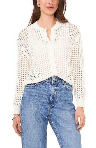 Crochet Cardigans for Women Spring Summer Beach Sweater Button Up Crew Neck Knit Mesh Top | Amazon (US)