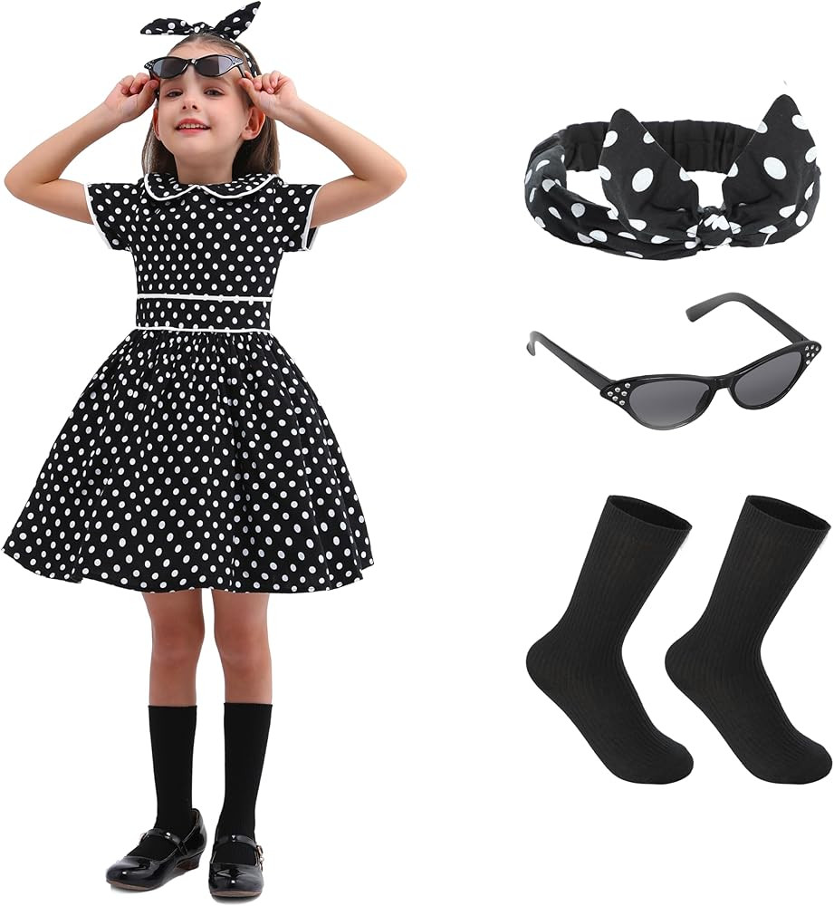 Raberto Girls 1950s Dress - Retro 50s Costume with Polka Dot Design, Headband, Glasses and Socks | Amazon (US)