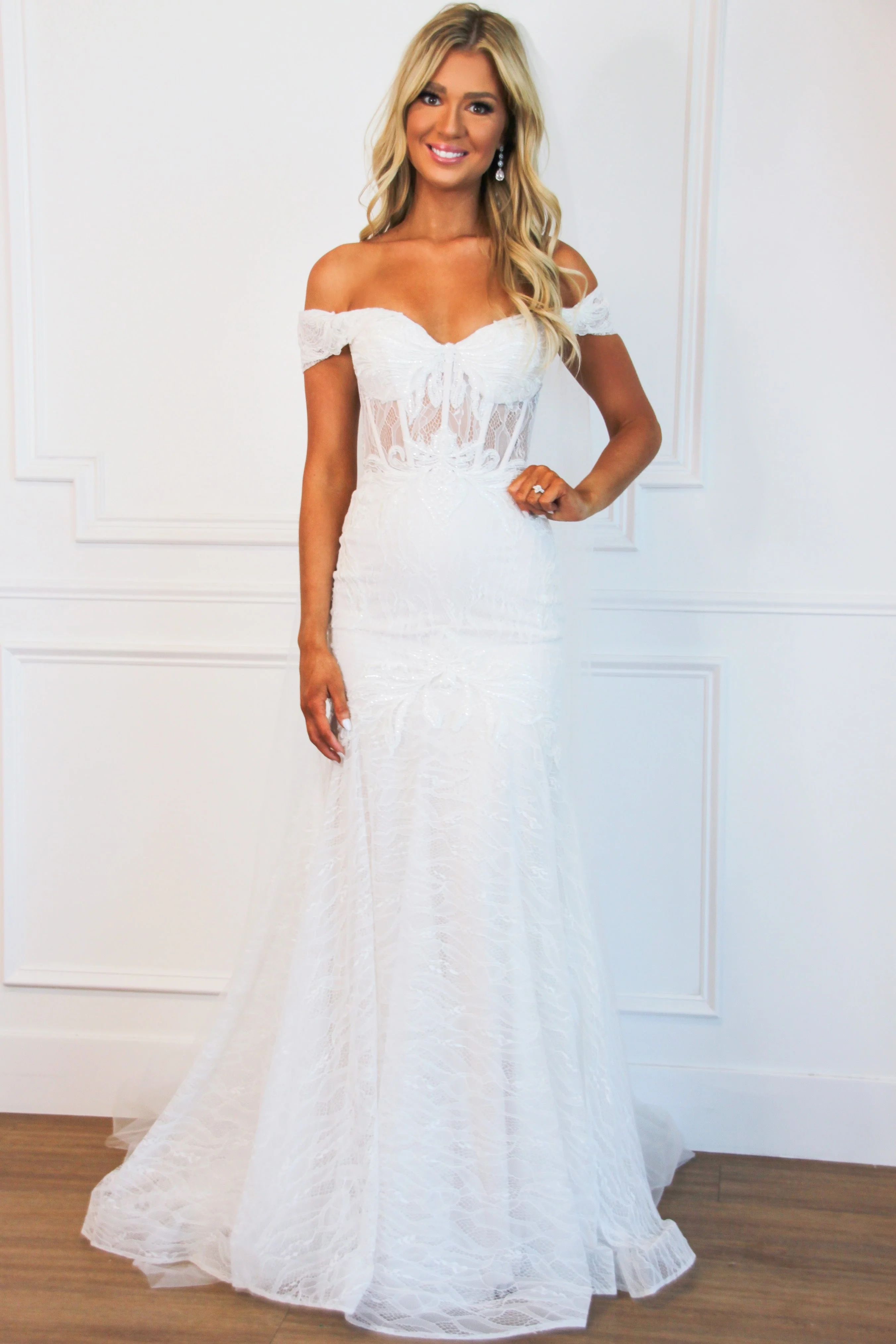 Jolie Off Shoulder Lace Mermaid Wedding Dress: Off White | Bella and Bloom Boutique