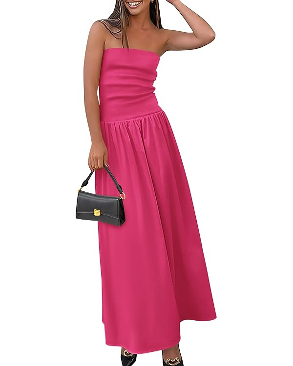 PRETTYGARDEN Women's 2025 Spring Strapless Maxi Dresses Patchwork Long Flowy Pockets Elegant Goin... | Amazon (US)