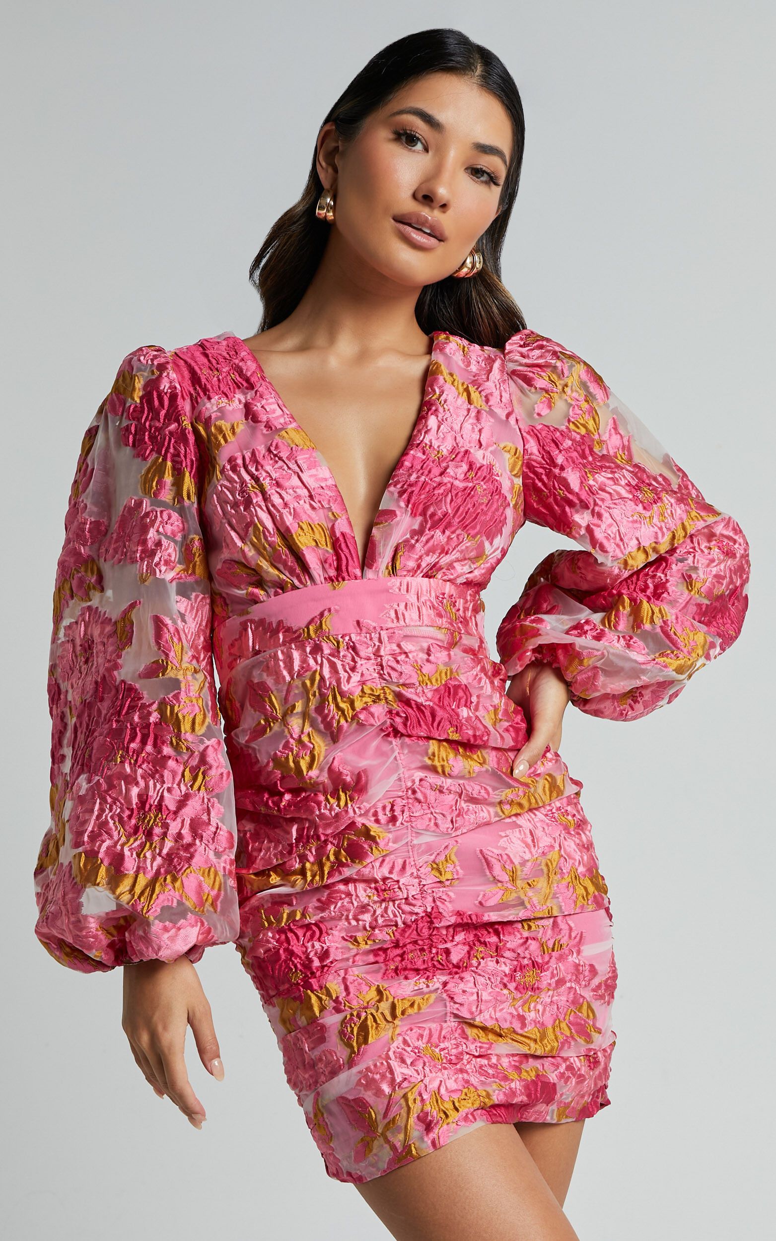 Farrah Mini Dress - Plunge Neck Long Sleeve Bodycon Dress in Pink | Showpo (US, UK & Europe)