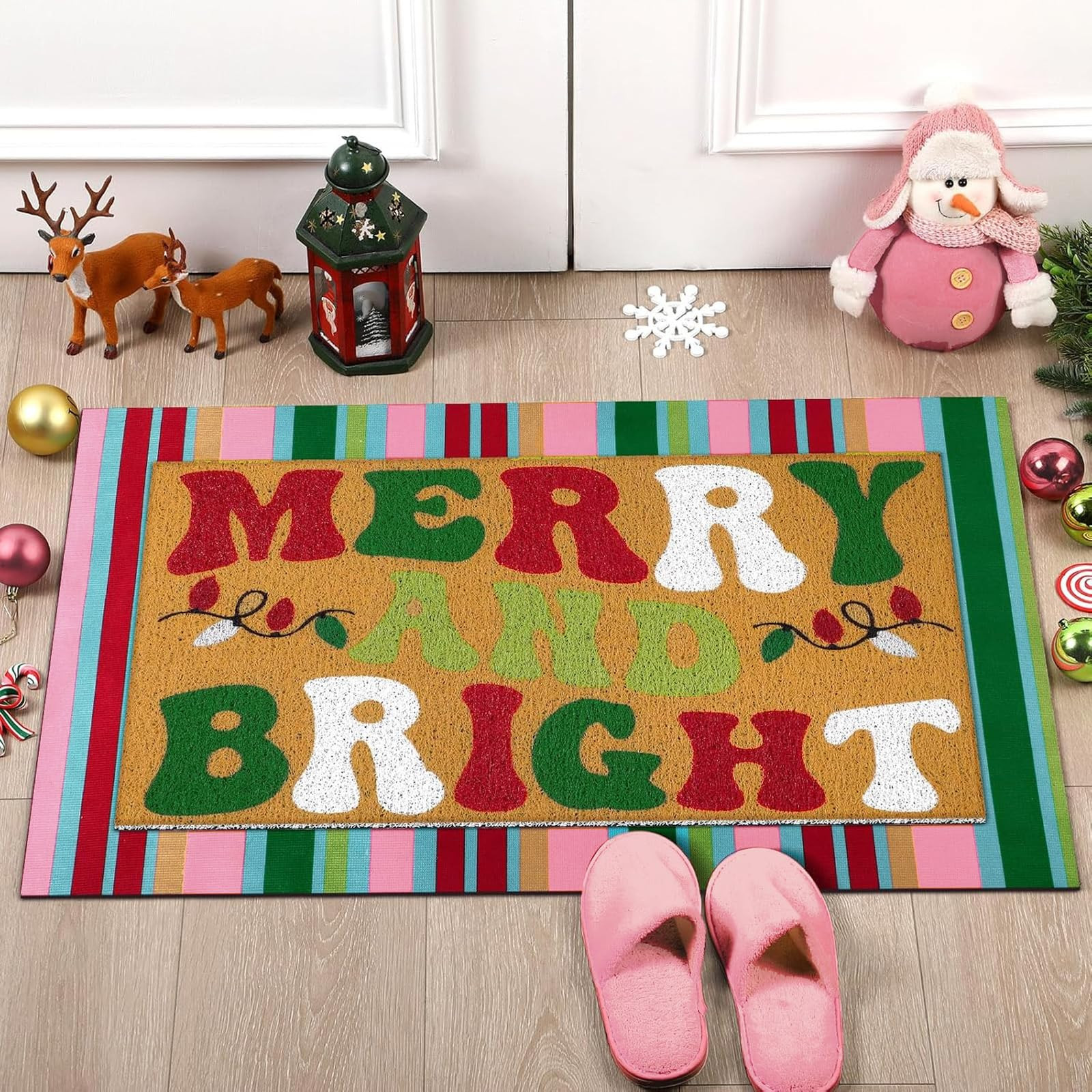 Tinideya 2 Pcs Christmas Door Mat Merry and Bright Pink Green Non Slip Xmas Winter Floor Doormat ... | Amazon (US)