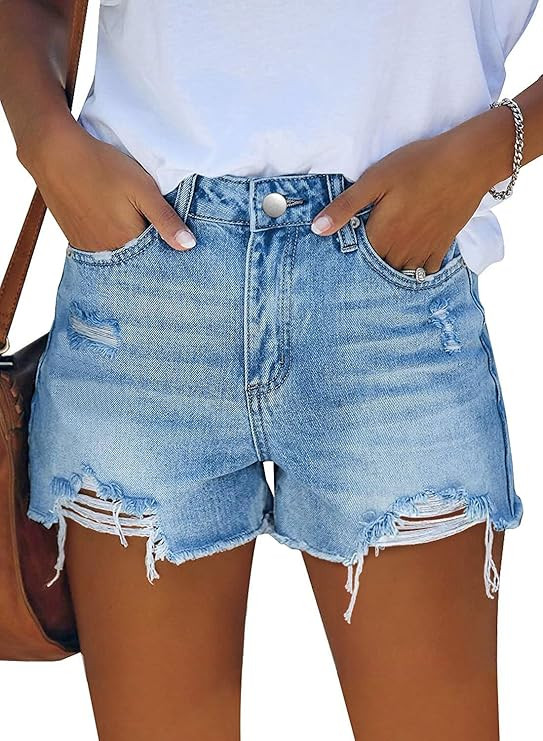 MINGALONDON Women's Denim Shorts Summer Mid Waist Ripped Raw Cut Hem Distressed Stretchy Jean Sho... | Amazon (US)