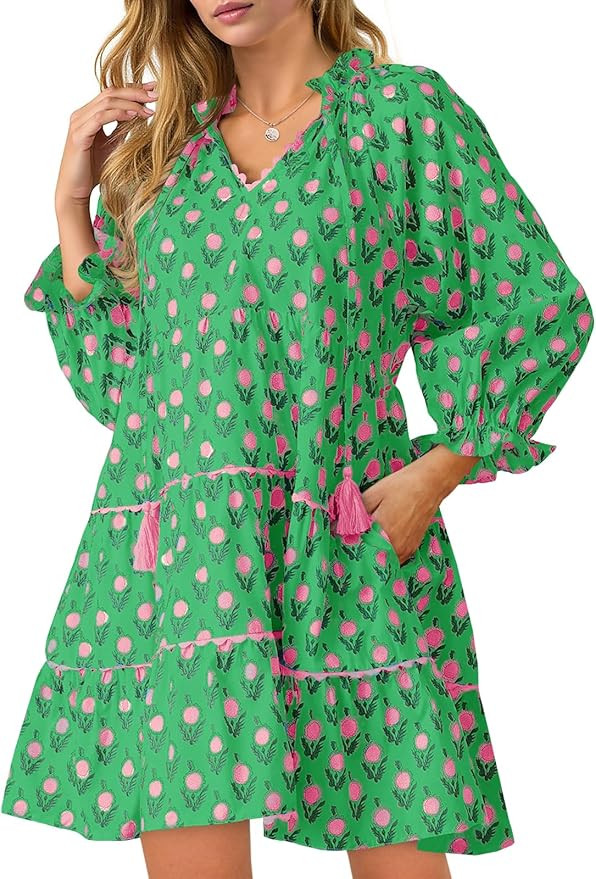 Wenrine Womens Casual Mini Dress Long Sleeve Floral Ruffle V Neck Fall Loose Boho Babydoll Dresse... | Amazon (US)