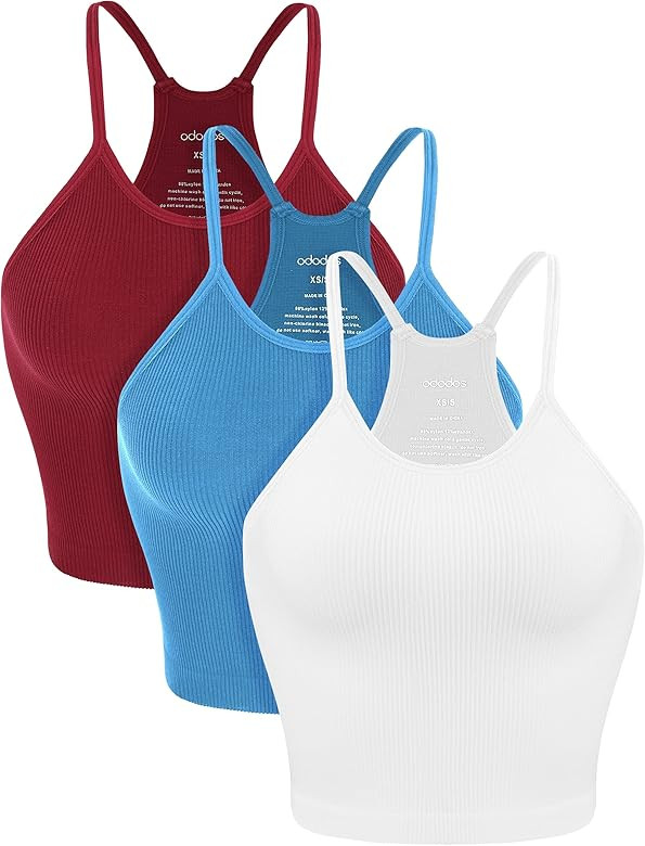 ODODOS Women's Crop 3-Pack Washed Seamless Rib-Knit Camisole Crop Tank Tops | Amazon (US)