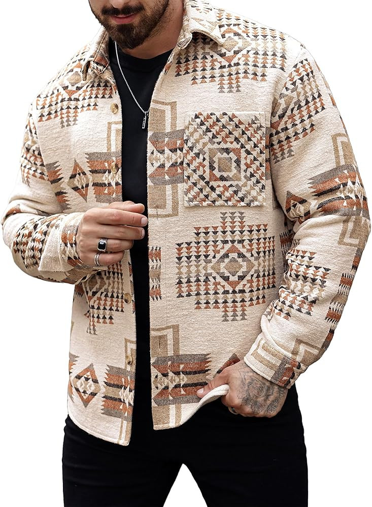 Men's Casual Aztec Print Cotton Button Down Jacket Long Sleeve Overshirt Turndown Collar Western ... | Amazon (US)