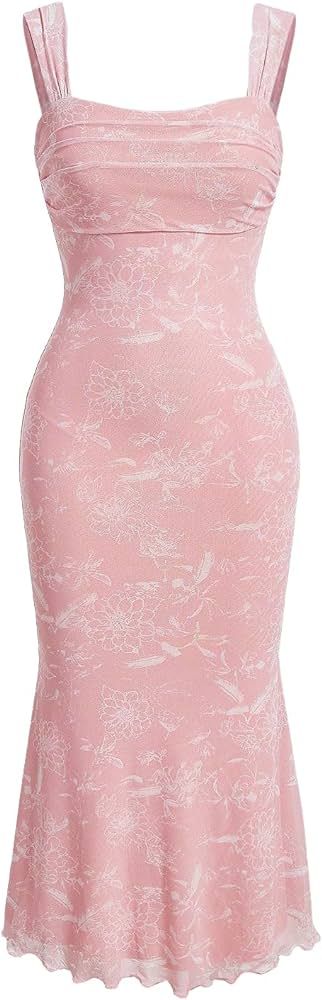 GORGLITTER Women's Floral Ruched Bodycon Midi Dress Mesh Sleeveless Cami Dresses | Amazon (US)