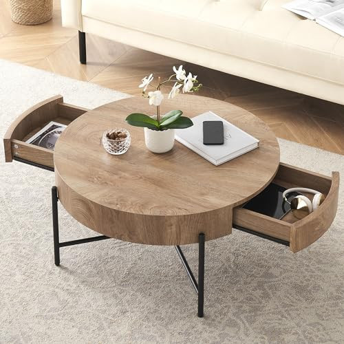 IDEALHOUSE Round Coffee Table Living Room Wood Center Table with Two Drawers Farmhouse Coffee Table Rustic Circle Cocktail Table Metal Legs, Easy Assembly, Natural | Amazon (US)
